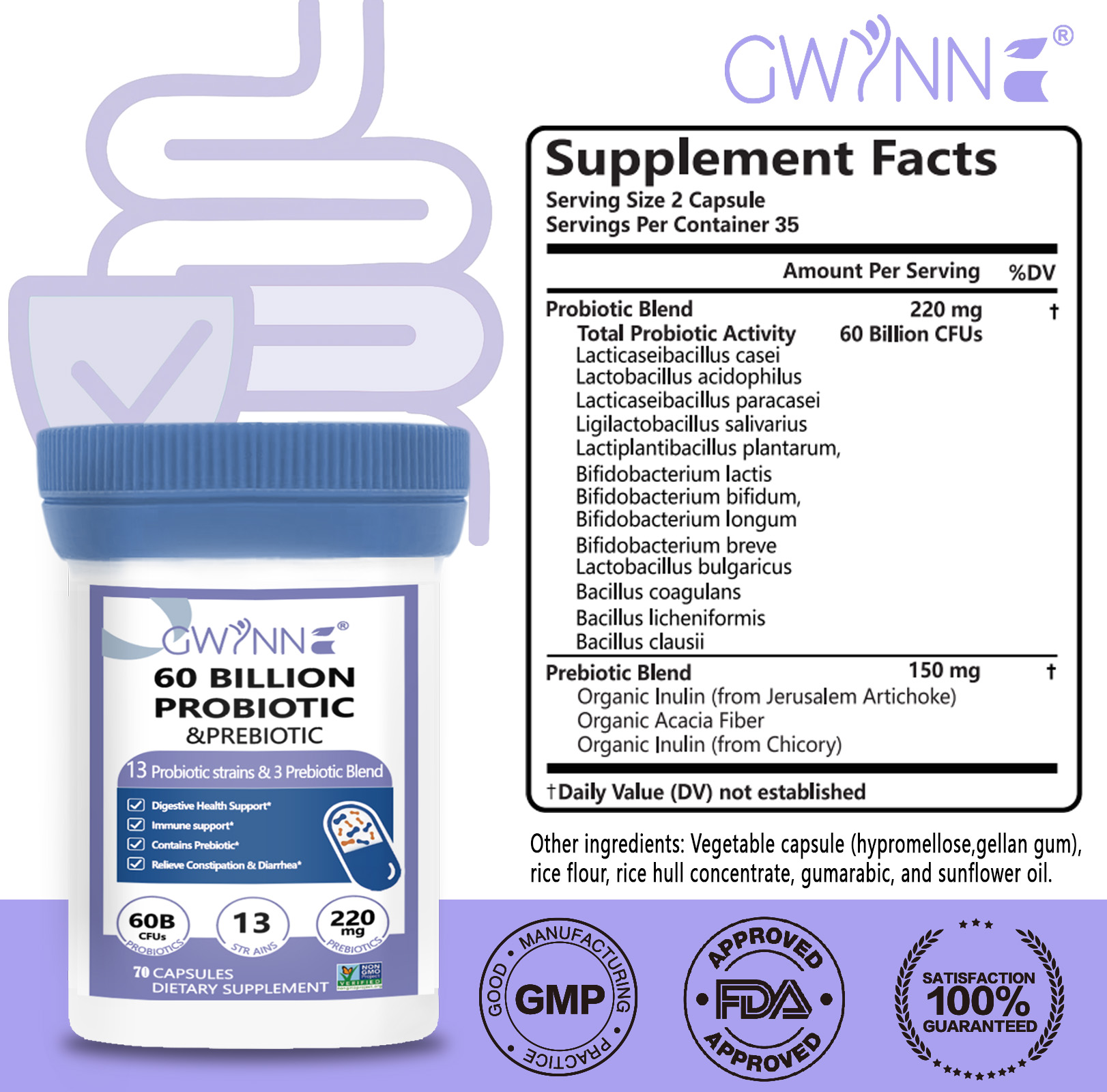 Gwynne Paquete Avanzado Salud Intestinal:Vaginal probióticos 60 Billion De Ucf 70Cápsula Y Enzimas Digestivas 400mg 70Cápsula,para Salud Digestiva Y Salud Intestinal,apoya El Estreñimiento Ocasional