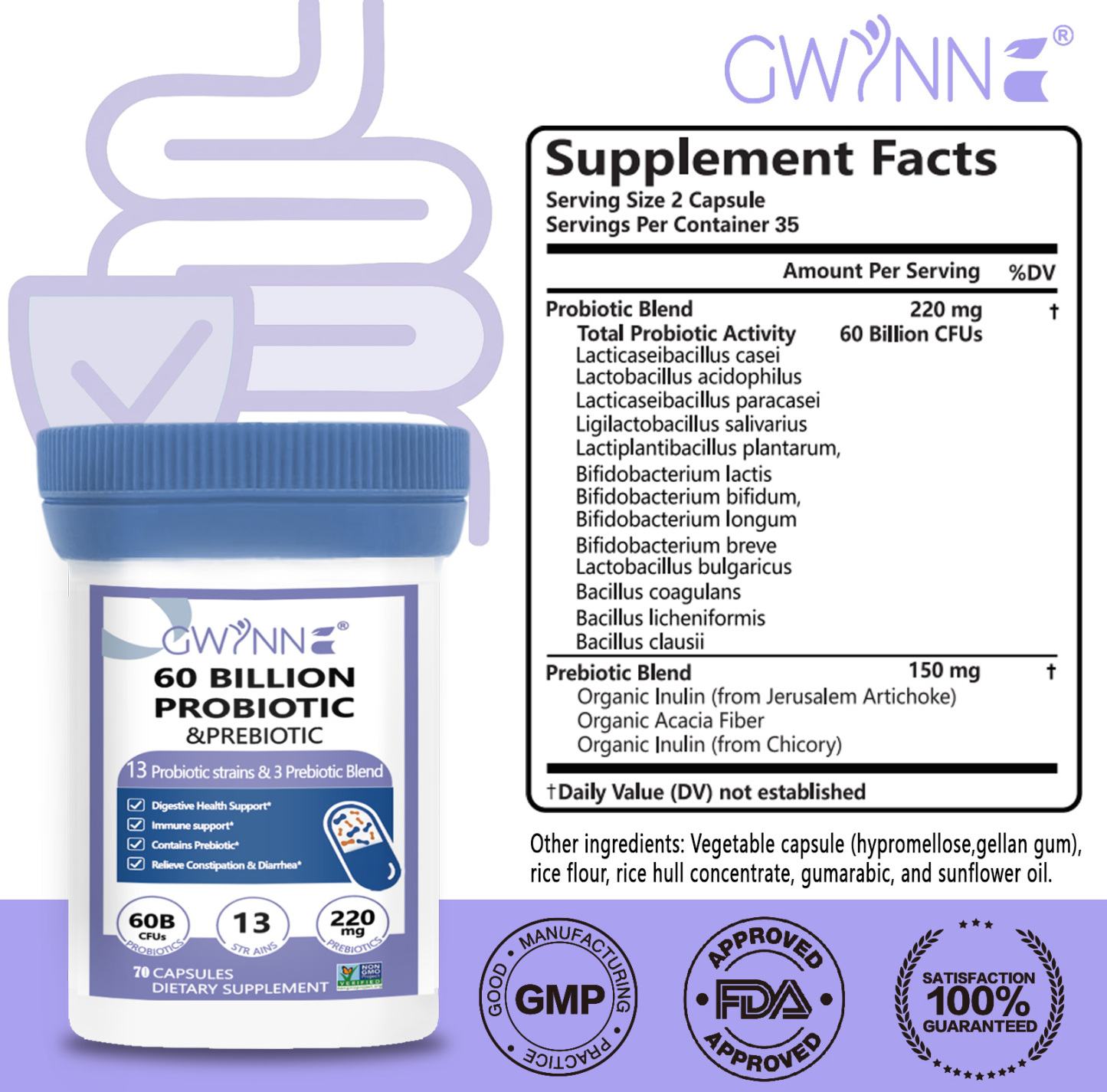 Gwynne Paquete Avanzado Salud Intestinal:Vaginal probióticos 60 Billion De Ucf 70Cápsula Y Enzimas Digestivas 400mg 70Cápsula,para Salud Digestiva Y Salud Intestinal,apoya El Estreñimiento Ocasional