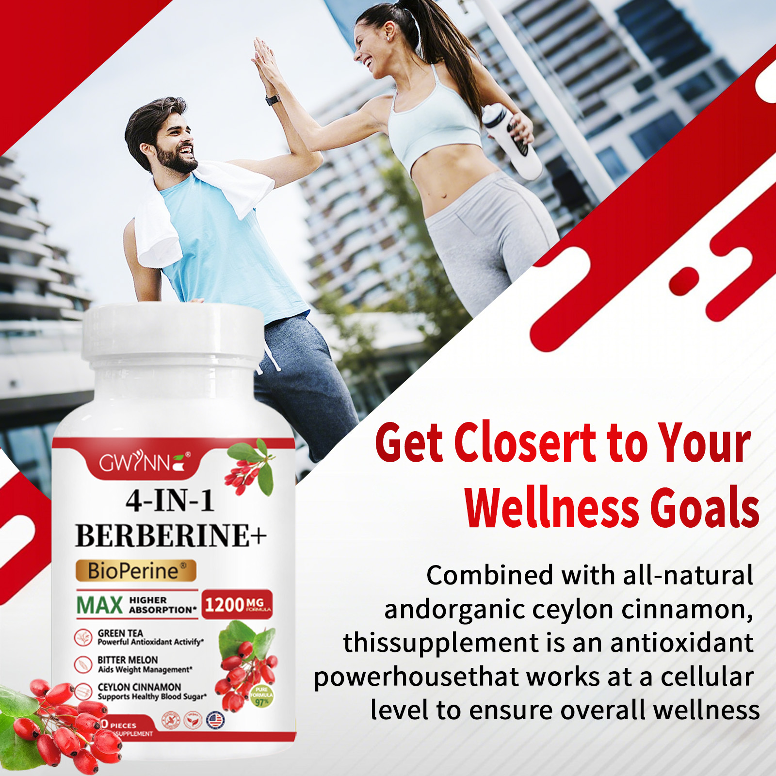 Gwynne 4 En 1 Berberina Y Bioperine 1200mg Con Melón Amargo,canela De Ceilán Y Extracto De Té Verde,apoyo A La Salud Del Corazón,sistema Inmunológico,gi Saludable,90 Cápsulas