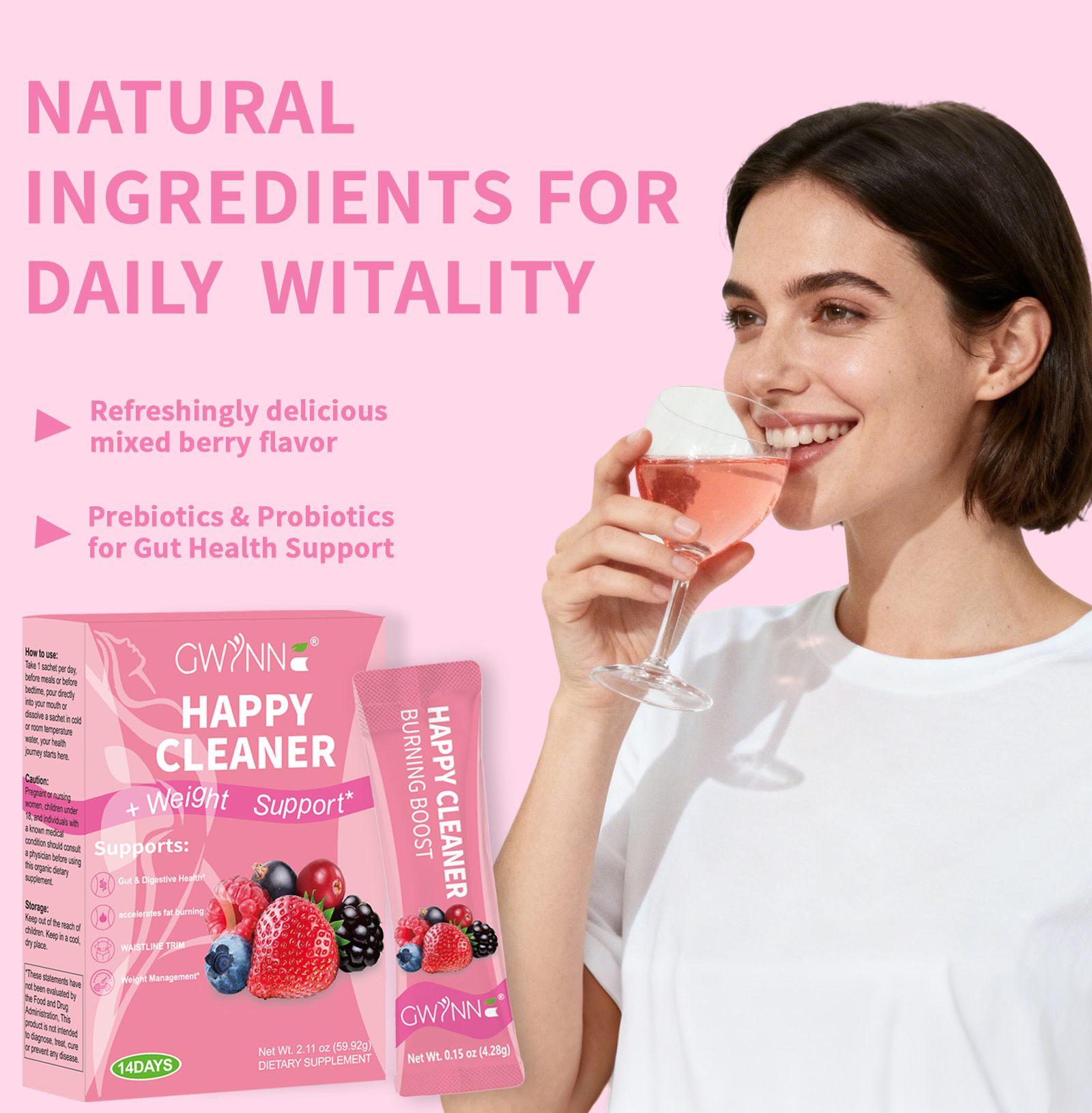 Gwynne Happy Cleaner Polvo Prebiótico Probiótico - Polvo De Mezcla De Bayas (14 Paquetes De Una Sola Porción) Con Frutas