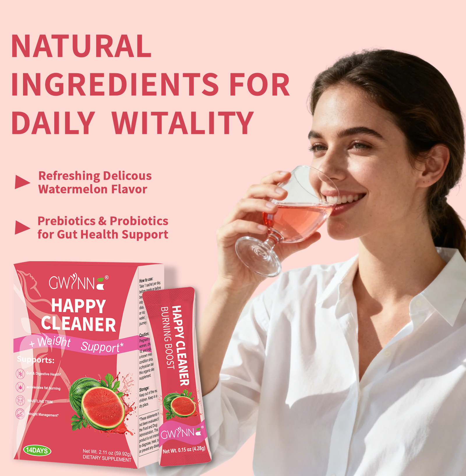 Gwynne Happy Cleaner Polvo Prebiótico Probiótico - Polvo De Mezcla De Sandía (14 Paquetes De Una Sola Porción) Con Frutas