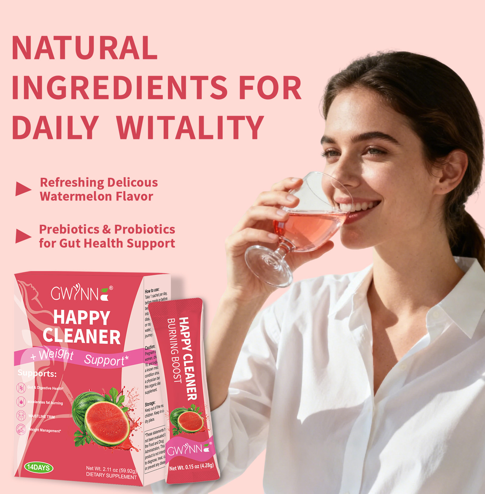 Gwynne Happy Cleaner Polvo Prebiótico Probiótico - Polvo De Mezcla De Sandía (14 Paquetes De Una Sola Porción) Con Frutas