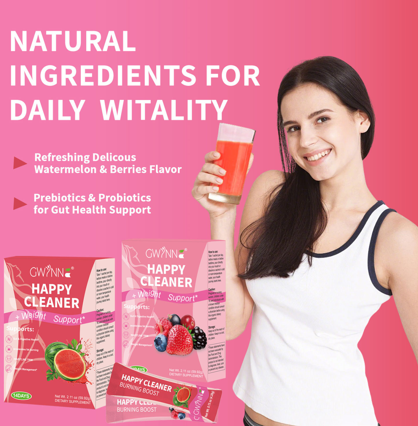 Gwynne Happy Cleaner Polvo Prebiótico Probiótico - Polvo De Mezcla De Bayas De Sandía (28 Paquetes De Una Sola Porción) Con Frutas