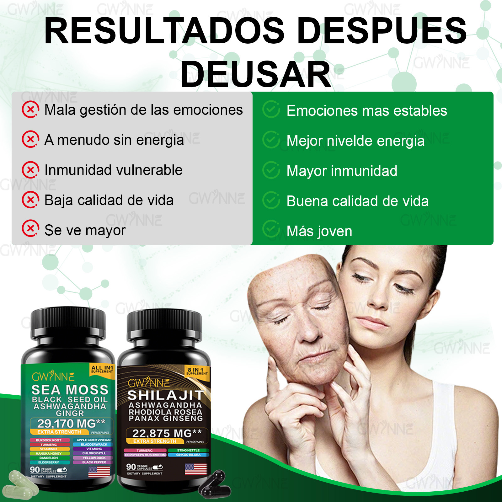 Gwynne All In 1 Shilajit Y Sea Moss Bundle 90 Cápsulas-contiene 29170 Mg De Musgo Marino, Aceite De Semilla Negra, Etc Y Contiene 22875 Mg De Shilajit,rhodiola Rosea, Etc