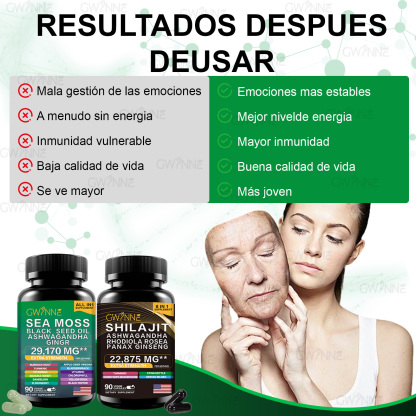 Gwynne All In 1 Shilajit Y Sea Moss Bundle 90 Cápsulas-contiene 29170 Mg De Musgo Marino, Aceite De Semilla Negra, Etc Y Contiene 22875 Mg De Shilajit,rhodiola Rosea, Etc