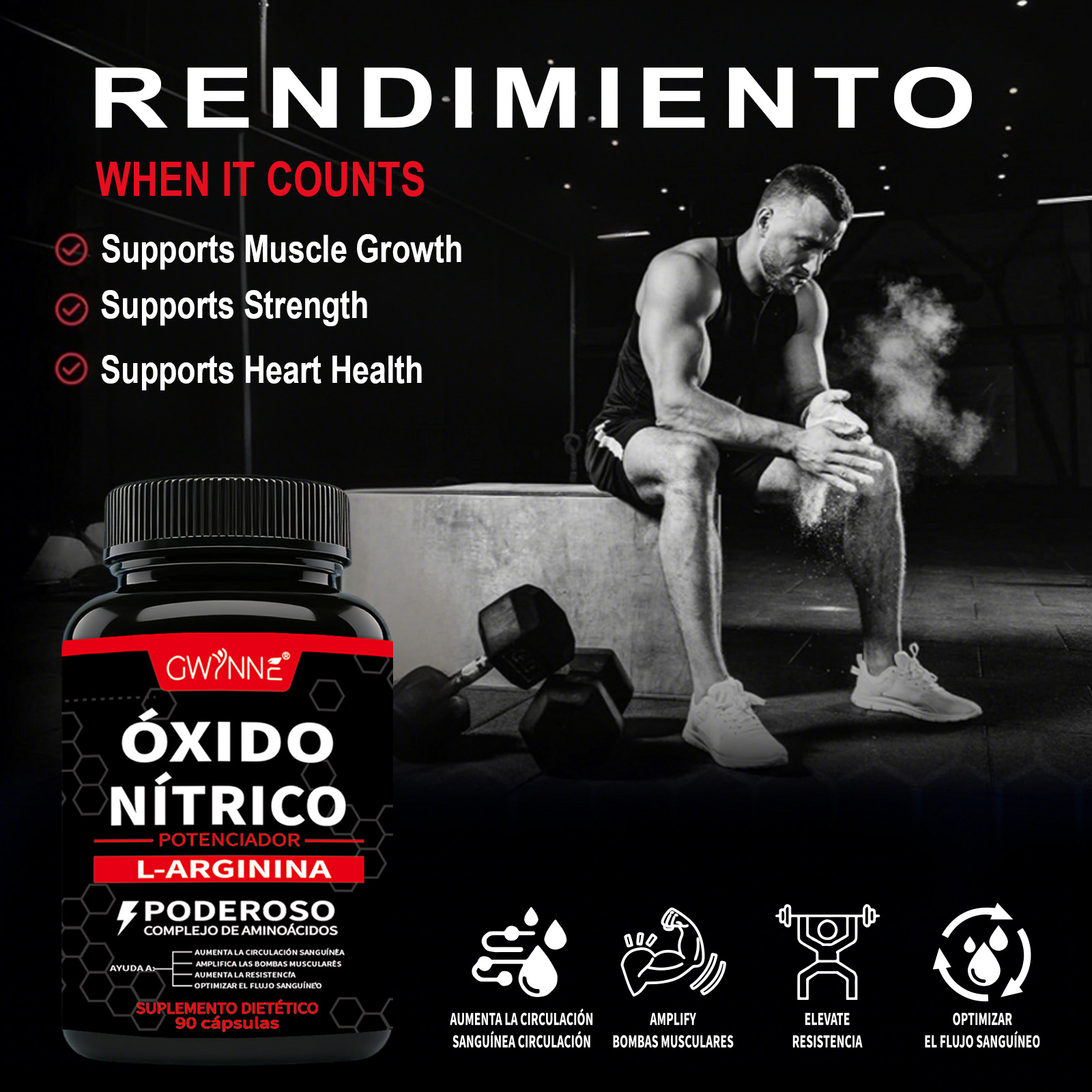 Gwynne Supplements Nitric Oxide Booster 90 Cápsulas, Creatina Supplements,Con L-arginine,apoya La Presión Arterial Saludable, Suplemento De Óxido Nítrico Para Hombres Y Mujeres