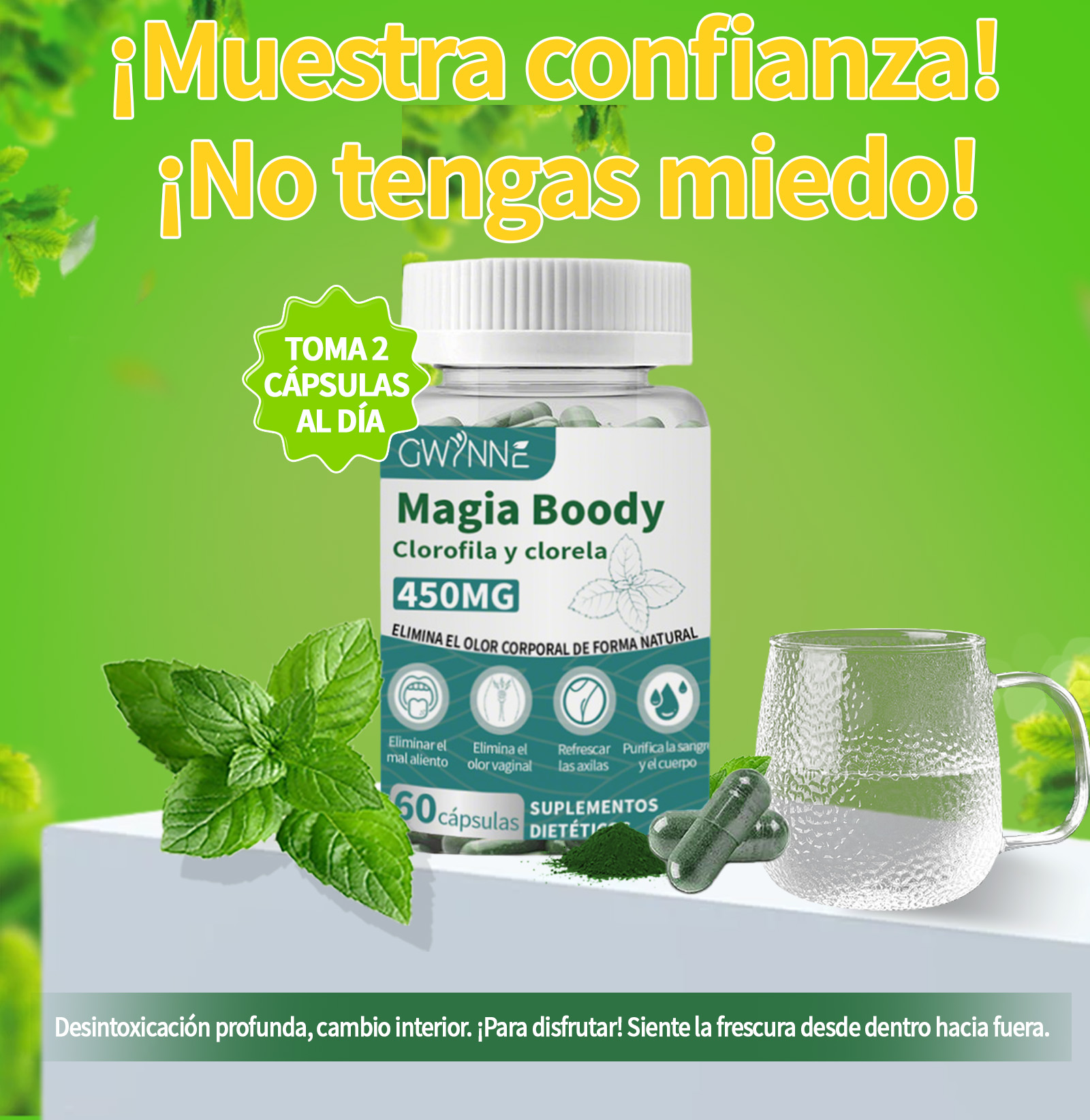 Gwynne Boody Magic Tabletas De Clorofila Natural Para El Olor Corporal Femenino Contiene 450 Mg De Clorofila Y Chlorella, Suplemento Desodorante Corporal Para Hombres Y Mujeres,60 Cápsulas
