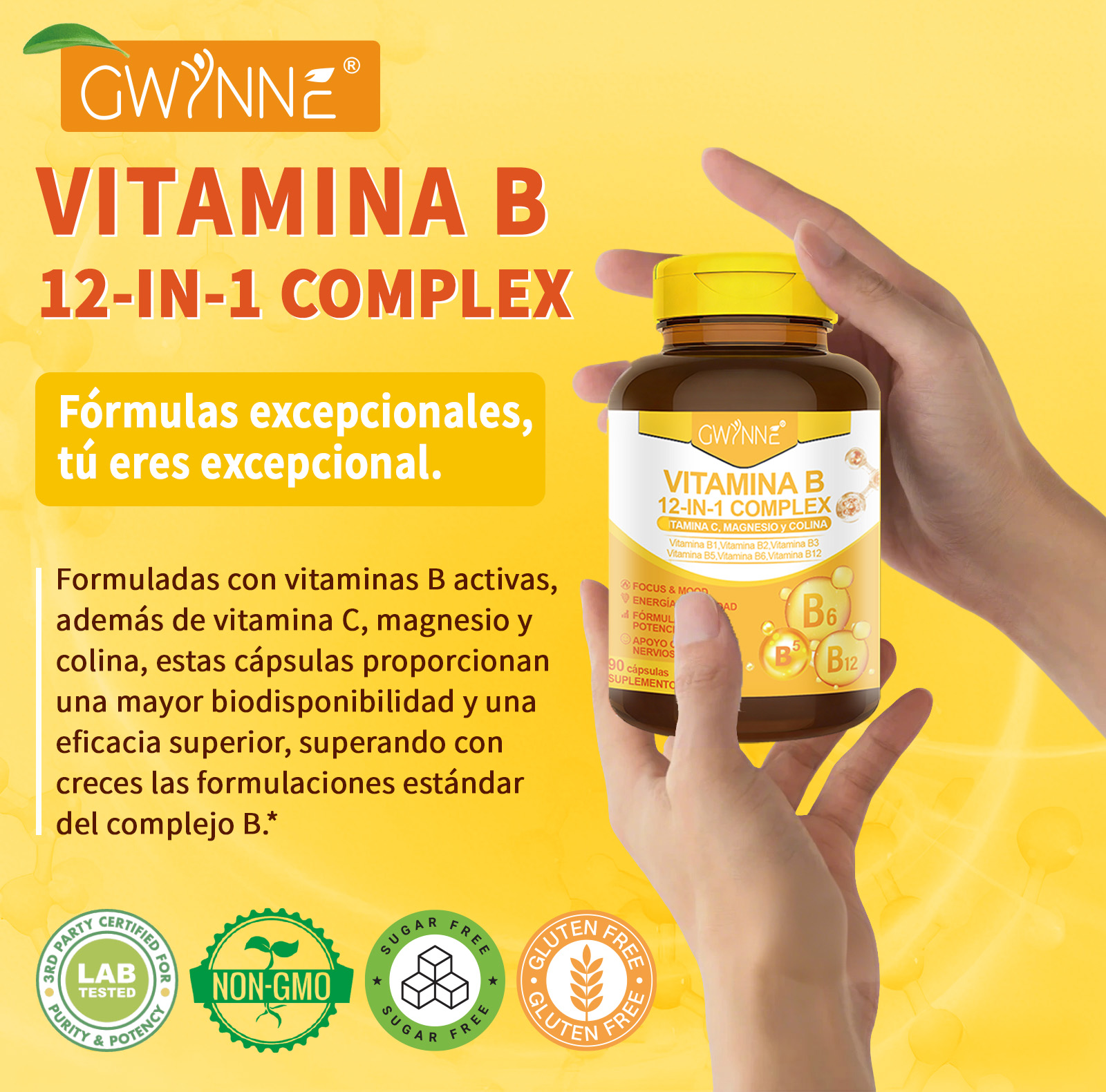 Gwynne Complejo De Vitamina B,receta 12 En 1,con Vitamina C,b2,b12,b1,b3,b5,b6,colina,magnesio Y Inositol, Apoyo Energía,cerebral Y Cardíaco,90 Cápsulas