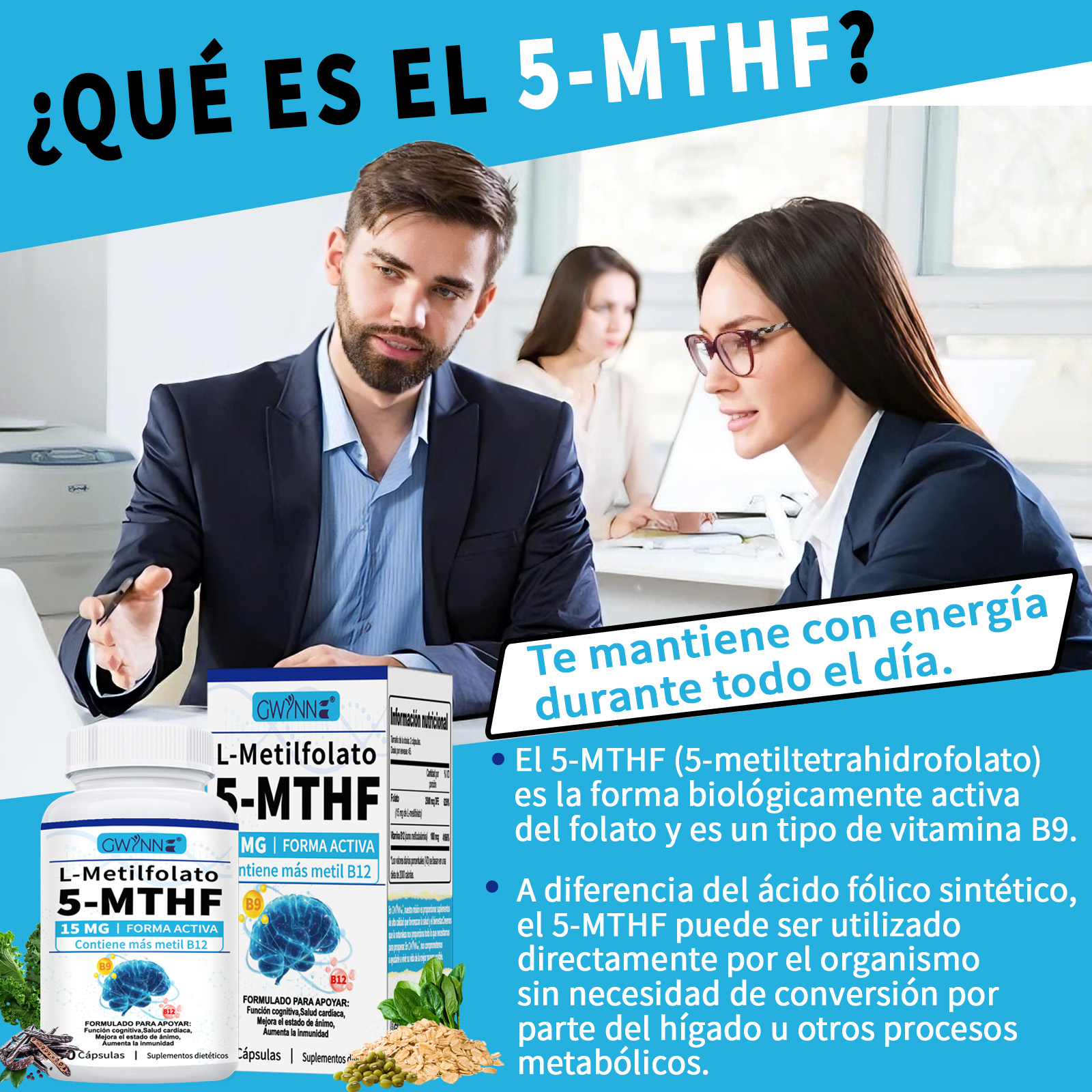 Gwynne L-metilfolato 15mg Plus Metil B12 Cofactor,alta Potencia,forma Activa De 5-mthf,soporta El Mood,metilación Y Cognición,90 Cápsulas,formas Bioactivas De Vitamina B12