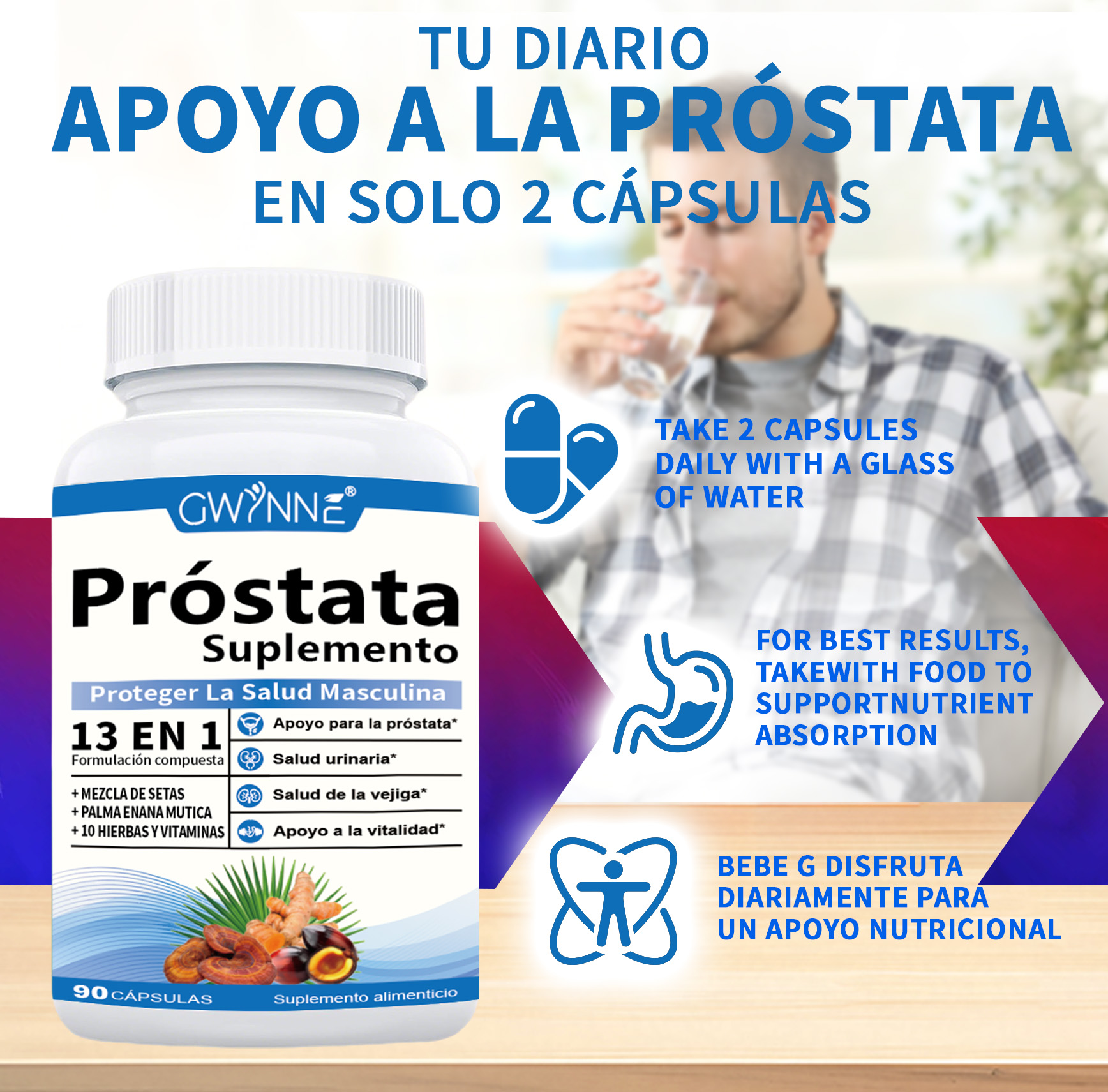 Gwynne 13en1 Nutricional Prostate Health 2000mg 90 Cápsulas Para Mejorar El Rendimiento Masculino,favorecer La Calidad De Vida Y Aumentar La Satisfacción De La Pareja