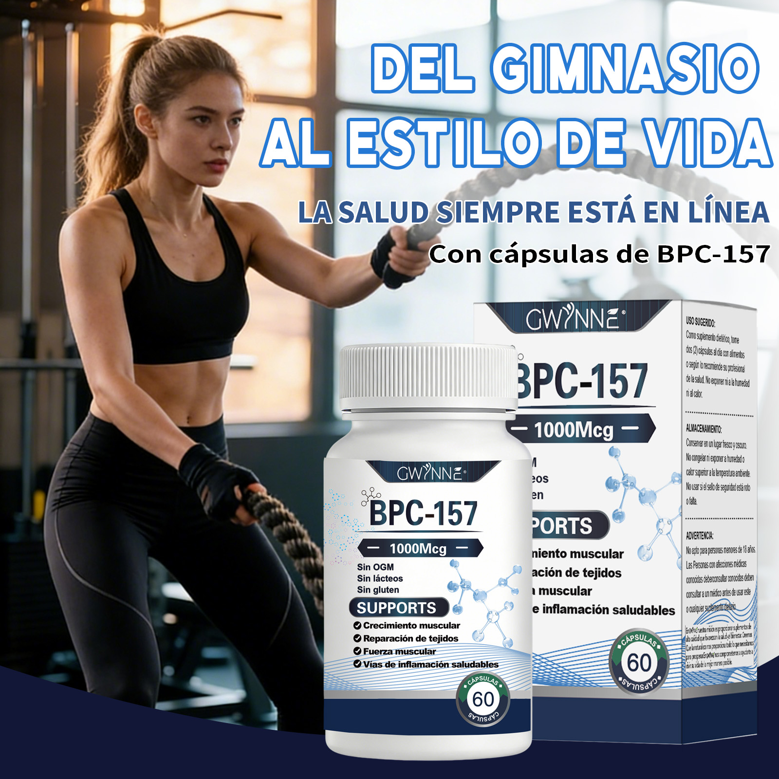 Gwynne Cápsulas De Péptidos Bpc-157 De Alta Potencia Para La Recuperación Muscular Y Del Ejercicio, Recuperación Acelerada Y Curación Intestinal 1000mcg 60 Cápsulas