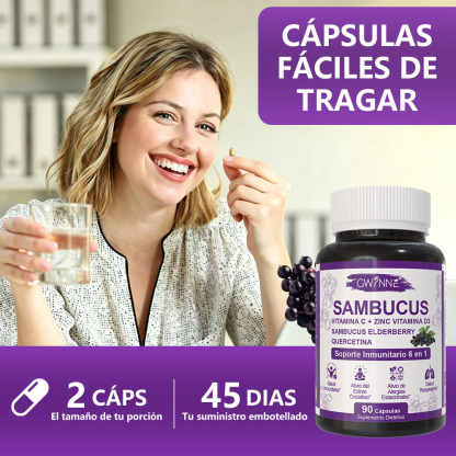 Gwynne Sambucus 6 En 1 Suplemento Con Extracto De Sauco 1000mg,vitamina C,d3,zinc Y Quercetina,soporte Inmunitario,alivio De Alergias Y Salud Respiratoria,90 Cápsulas