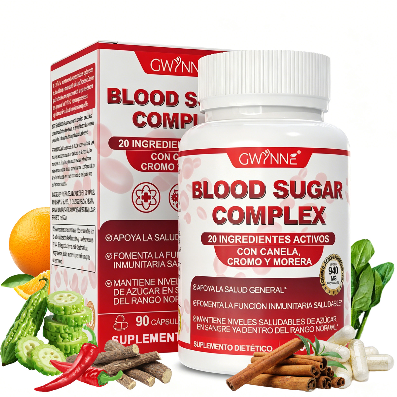 Gwynne Blood Sugar Complex Supplement,apoya Niveles Saludables De Azúcar En La Sangre,ya Dentro Del Rango Normal,con Vitaminac,e,biotina,magnesio,cromo,90 Capsules