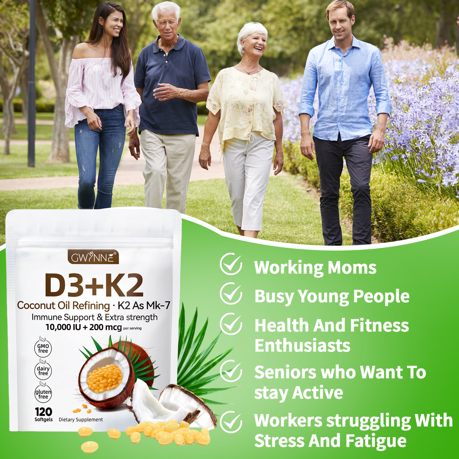 Gwynne Vitamina D3 10.000ui + K2 Mk-7 200mcg,120cápsulas 2 En 1 Aceite De Coco Vírgenapoyo Óseo,inmunológico Y Cardíaco