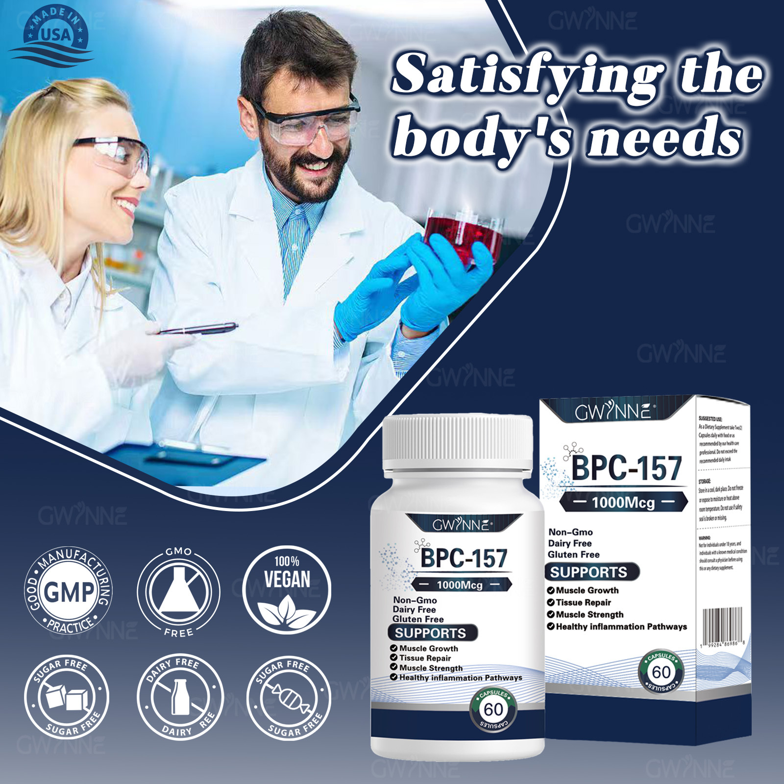 Gwynne Cápsulas De Péptidos Bpc-157 De Alta Potencia Para La Recuperación Muscular Y Del Ejercicio, Recuperación Acelerada Y Curación Intestinal 1000mcg 60 Cápsulas