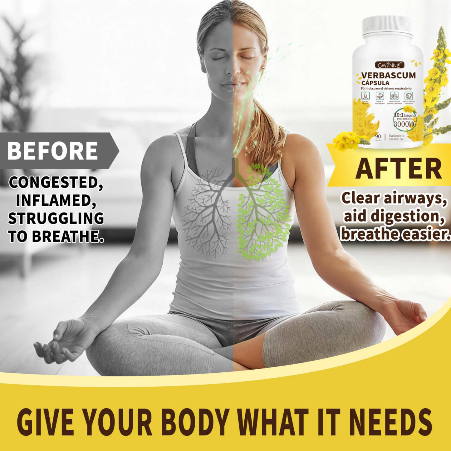 Gwynne Extracto De Hoja De Verbascum Thapsus,con Mullein 10: 1 3000mg,90capsules - Suplemento Herbal De Desintoxicación Pulmonar Natural,apoya La Salud Respiratoria E Inmune,limpieza Pulmonar