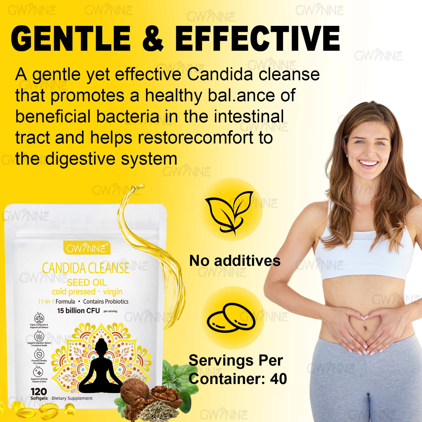 Gwynne Candida Cleanse Seed Oil Cápsulas,hierbas Naturales Para La Desintoxicación Intestinal Con 15 Billion Cfu,120 Cápsulas,11-in-1 Formula Con Hoja De Orégano,ácido Caprílico Y Probiotics