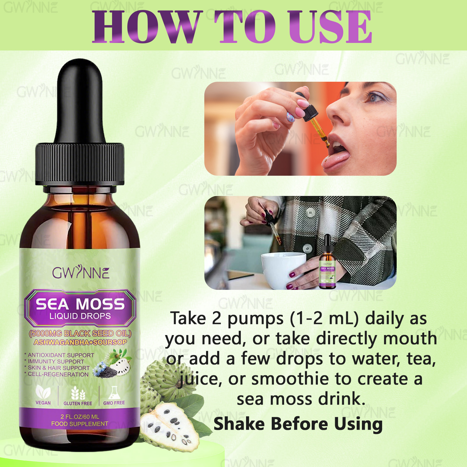 Gwynne Gotas Líquidas De Musgo Marino 5000mg 60ml - Irish Sea Moss Black Seed,suplemento Multimineral De Musgo Marino Apoyo Antioxidante, Inmunitario, Salud Intestinal