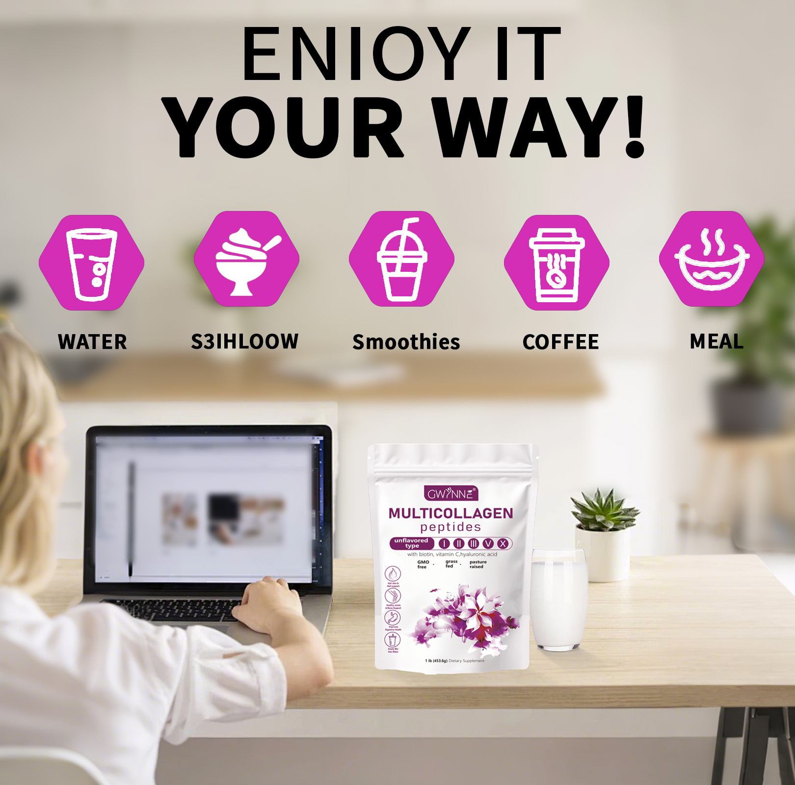 Gwynne Multicollagen Peptides Polvo,con Biotina,453.6g Sin Sabor