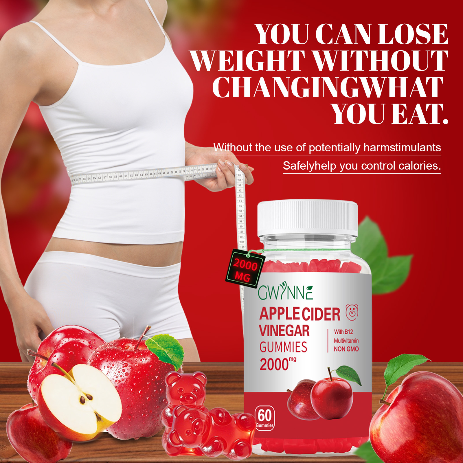 Gominolas Vinagre de manzana,Potencia Máxima 2000mg Contiene Vitaminas B12, B6, Ácido Fólico Y Probióticos Para La Salud Metabólica, Intestinal, Cutánea E Inmunológica,peso 60 gomitas