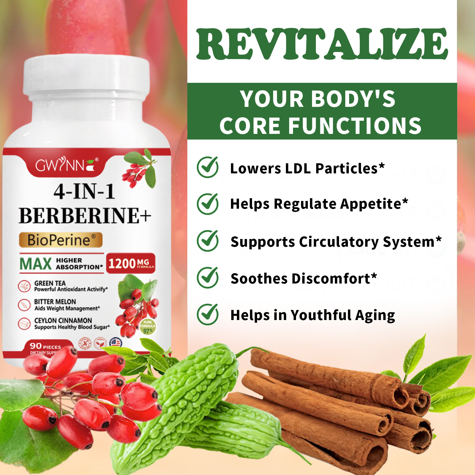 Gwynne 4 En 1 Berberina Y Bioperine 1200mg Con Melón Amargo,canela De Ceilán Y Extracto De Té Verde,apoyo A La Salud Del Corazón,sistema Inmunológico,gi Saludable,90 Cápsulas