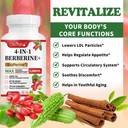 Gwynne 4 En 1 Berberina Y Bioperine 1200mg Con Melón Amargo,canela De Ceilán Y Extracto De Té Verde,apoyo A La Salud Del Corazón,sistema Inmunológico,gi Saludable,90 Cápsulas