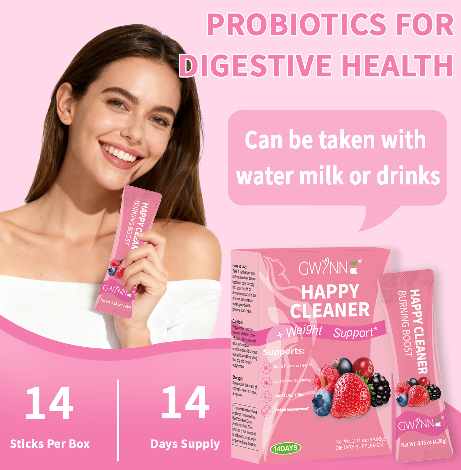 Gwynne Happy Cleaner Polvo Prebiótico Probiótico - Polvo De Mezcla De Bayas (14 Paquetes De Una Sola Porción) Con Frutas