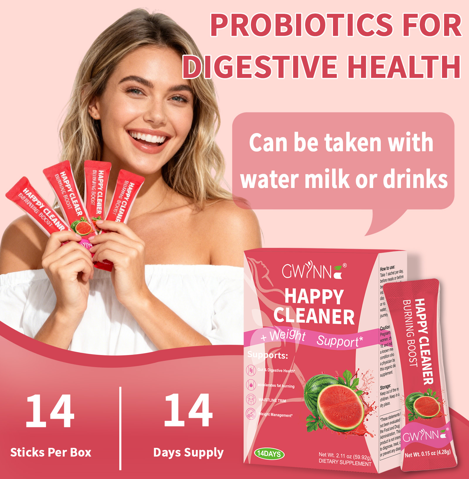 Gwynne Happy Cleaner Polvo Prebiótico Probiótico - Polvo De Mezcla De Sandía (14 Paquetes De Una Sola Porción) Con Frutas