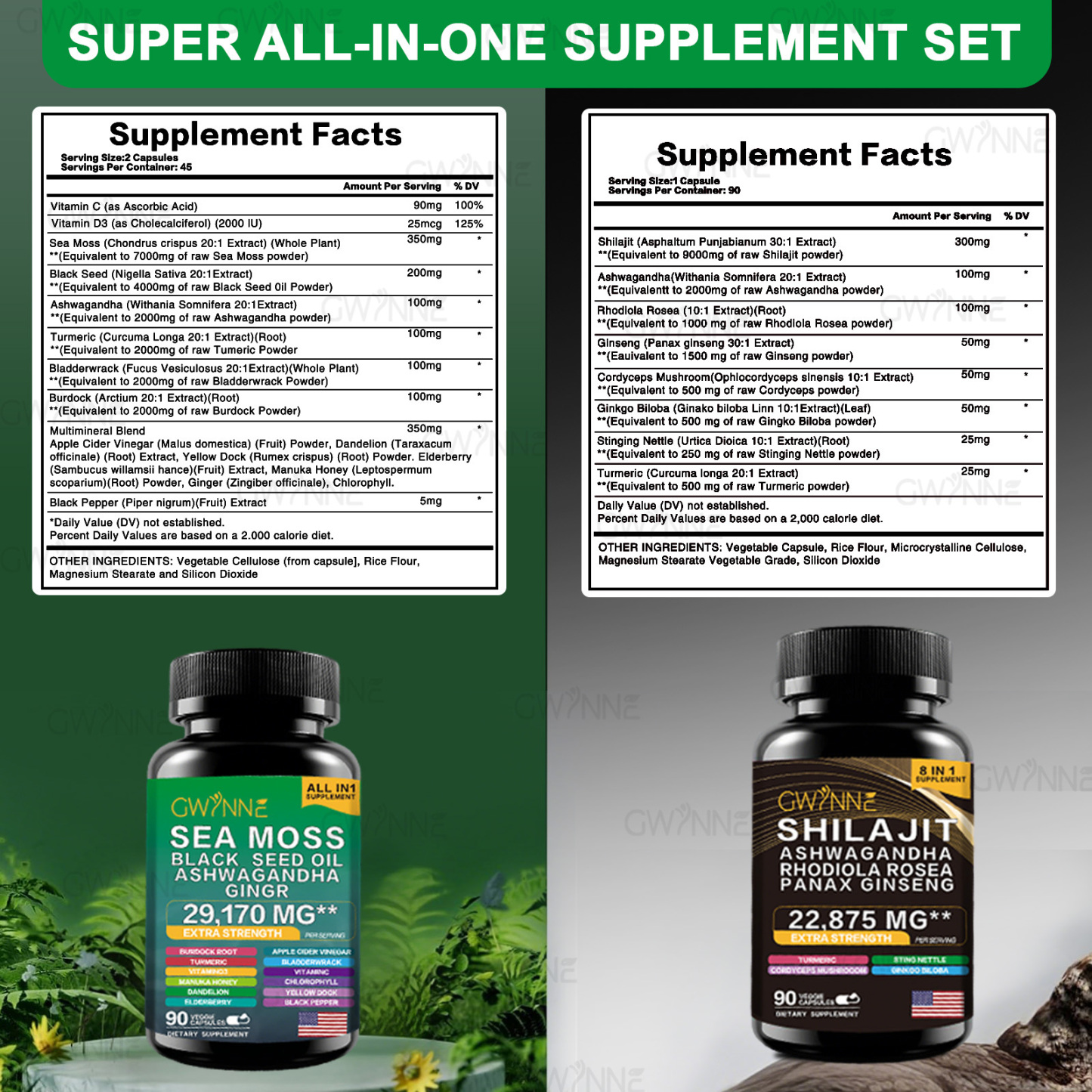 Gwynne All In 1 Shilajit Y Sea Moss Bundle 90 Cápsulas-contiene 29170 Mg De Musgo Marino, Aceite De Semilla Negra, Etc Y Contiene 22875 Mg De Shilajit,rhodiola Rosea, Etc