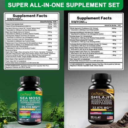 Gwynne All In 1 Shilajit Y Sea Moss Bundle 90 Cápsulas-contiene 29170 Mg De Musgo Marino, Aceite De Semilla Negra, Etc Y Contiene 22875 Mg De Shilajit,rhodiola Rosea, Etc