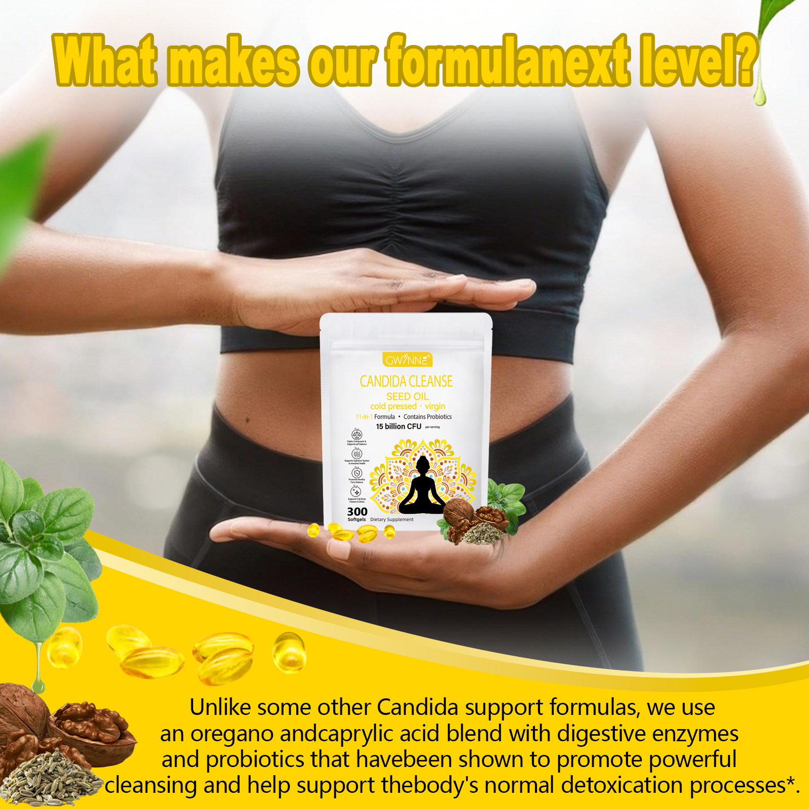 Gwynne Candida Cleanse Seed Oil Cápsulas,hierbas Naturales Para La Desintoxicación Intestinal Con 15 Billion Cfu,300 Cápsulas,11-in-1 Formula Con Hoja De Orégano,ácido Caprílico Y Probiotics