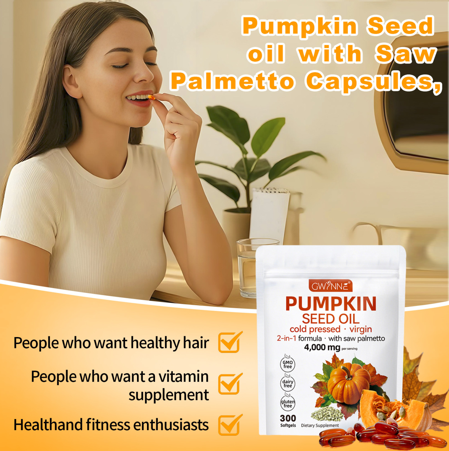 Gwynne 4000mg Cápsulas De Aceite De Semilla De Calabaza,cold Pressed,pure Virgin Oil,apoyar La Salud Del Cabello,el Sistema Urinario Y La Próstata,rico En Ácidos Grasos Y Phytosterols 300cápsulas