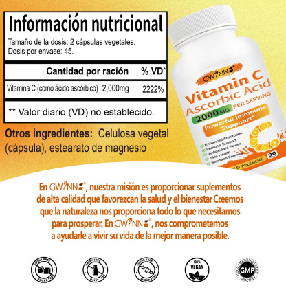 Gwynne Ácido Ascórbico Puro De Vitamina C 2000mg,90 Cápsulas,formas Solubles En Grasa Y Agua Altamente Biodisponibles,antioxidante Y Suplemento De Apoyo Inmunológico
