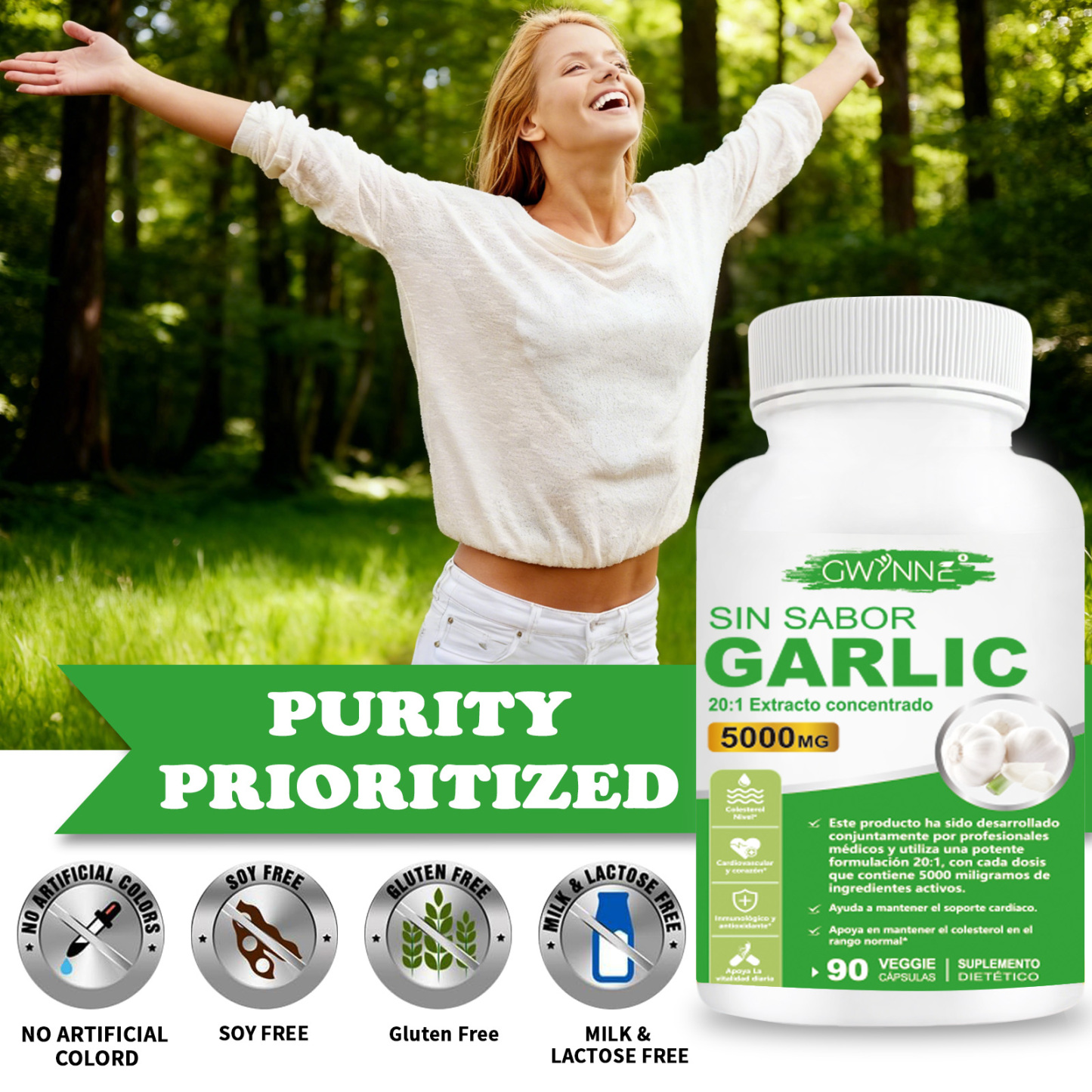 Gwynne Sin Sabor Garlic 20:1 Extracto Concentrado 90 Cápsulas,5000 Mg De Fuerza,mantener Los Niveles De Colesterol,apoyar El Corazón,antioxidantes