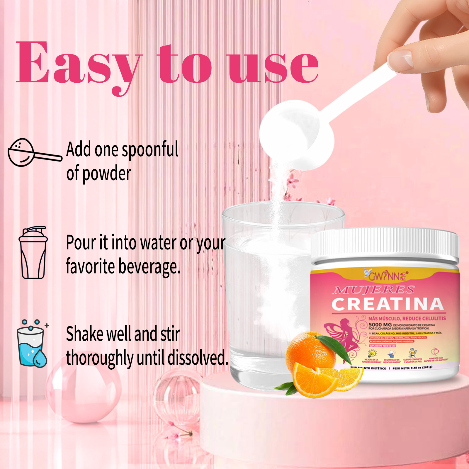 Gwynne Suplemento De Creatina Para Mujeres 269g-5000mg De Creatina,con Colágeno,mioinositol Y Bcaa,apoya El Desarrollo Muscular,la Elasticidad De La Piel,el Cabello Saludable Y Las Uñas