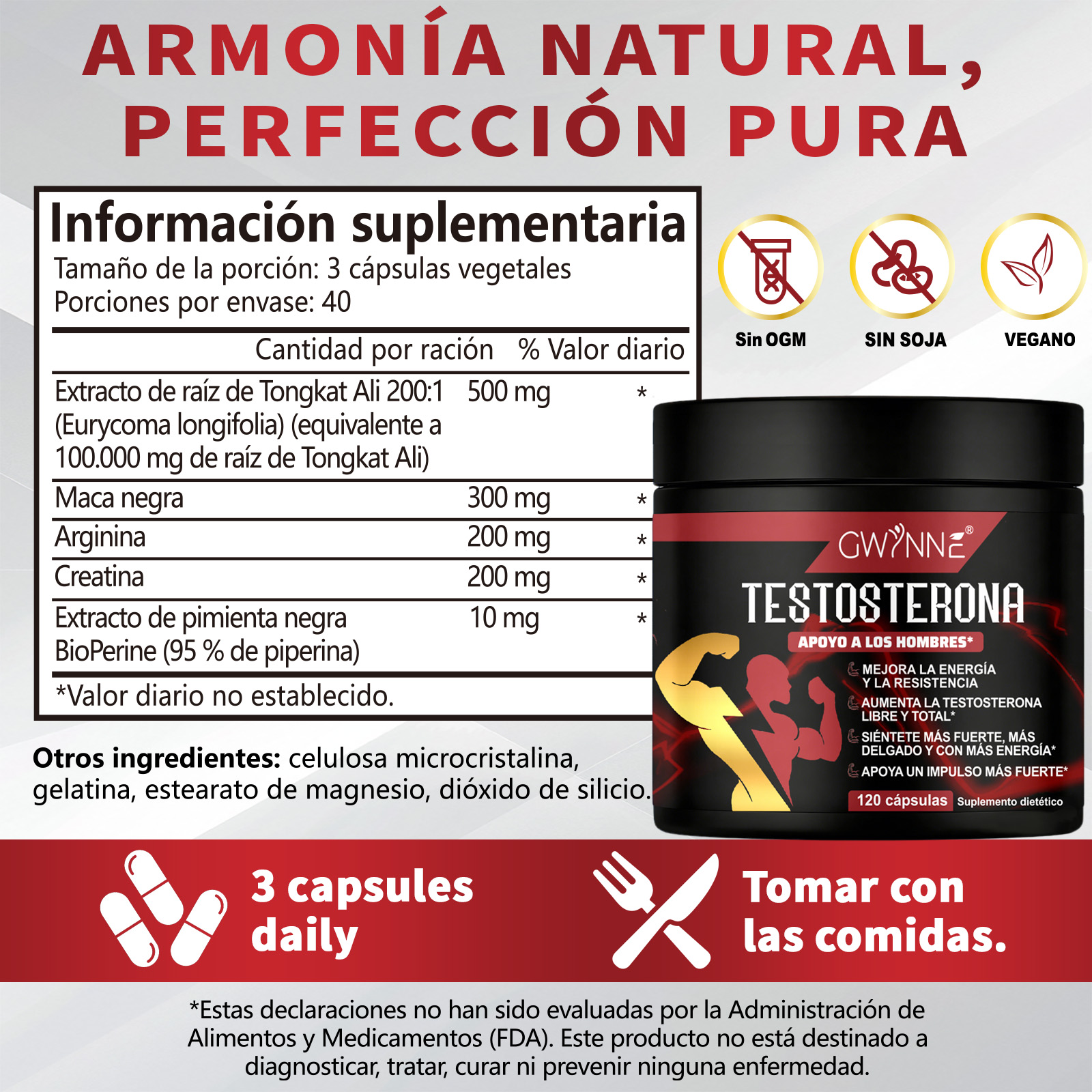 Gwynne Testosterone Supplement Para Hombres,con Extracto De Raiz De Tongkat Ali 500mg,maca,arginina,creatina,ayuda Crecimiento Muscular,recuperación,conducción Y Resistencia,120capsules