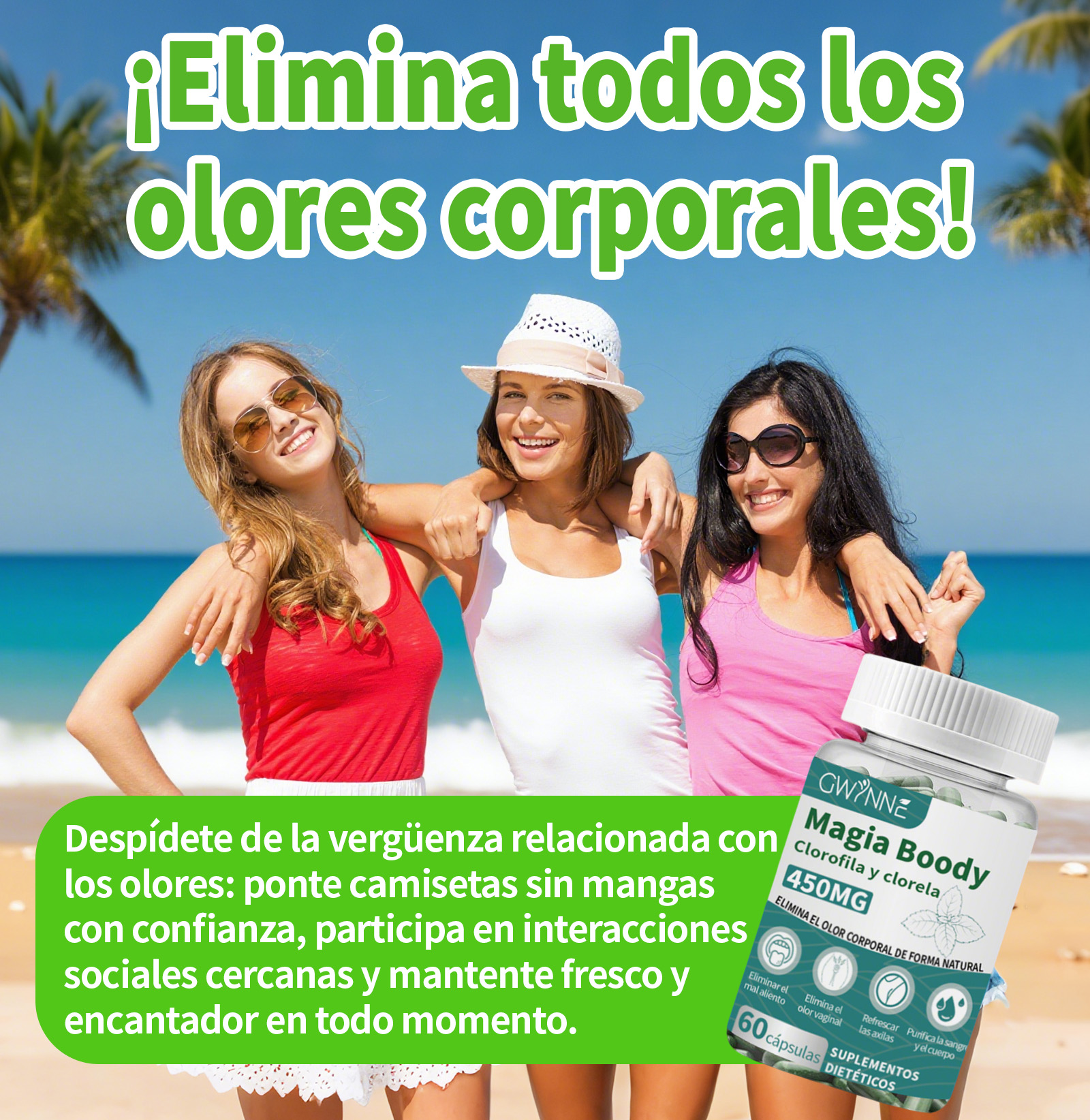 Gwynne Boody Magic Tabletas De Clorofila Natural Para El Olor Corporal Femenino Contiene 450 Mg De Clorofila Y Chlorella, Suplemento Desodorante Corporal Para Hombres Y Mujeres,60 Cápsulas