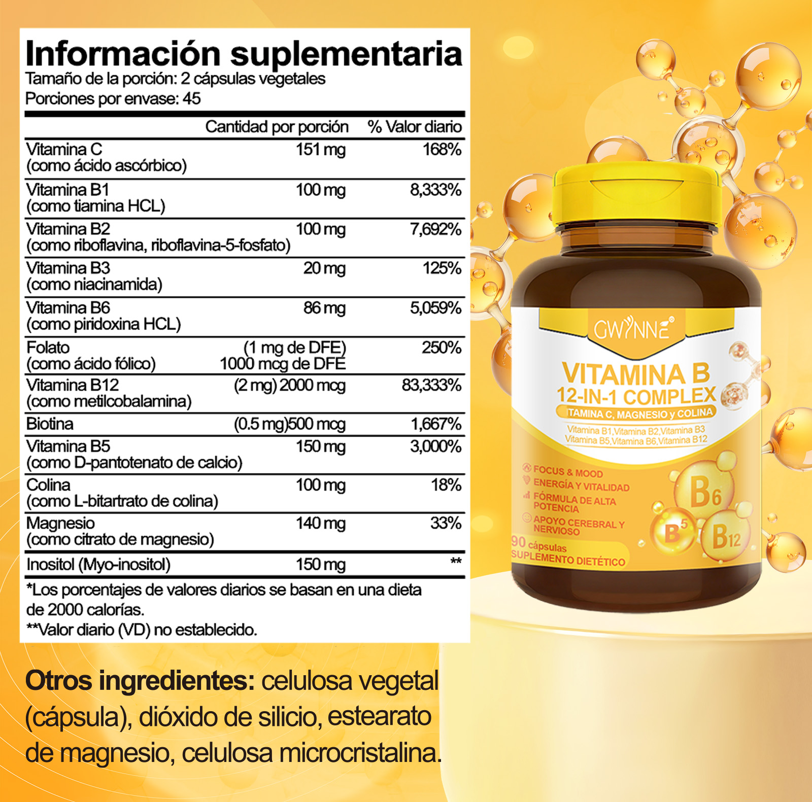Gwynne Complejo De Vitamina B,receta 12 En 1,con Vitamina C,b2,b12,b1,b3,b5,b6,colina,magnesio Y Inositol, Apoyo Energía,cerebral Y Cardíaco,90 Cápsulas