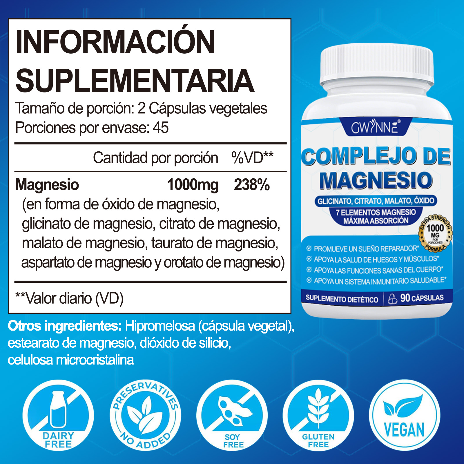 Gwynne Suplemento Complejo De Magnesio 7 Elemental 1000mg - Glicinato,citrato,malato,taurato De Magnesio, Quelatado Para Fácil Absorción Para Huesos,músculos,recuperación,energía,90 Cápsulas