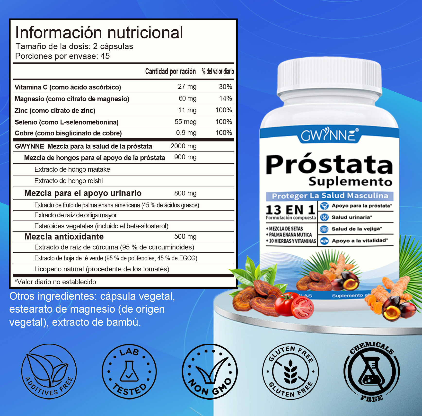 Gwynne 13en1 Nutricional Prostate Health 2000mg 90 Cápsulas Para Mejorar El Rendimiento Masculino,favorecer La Calidad De Vida Y Aumentar La Satisfacción De La Pareja