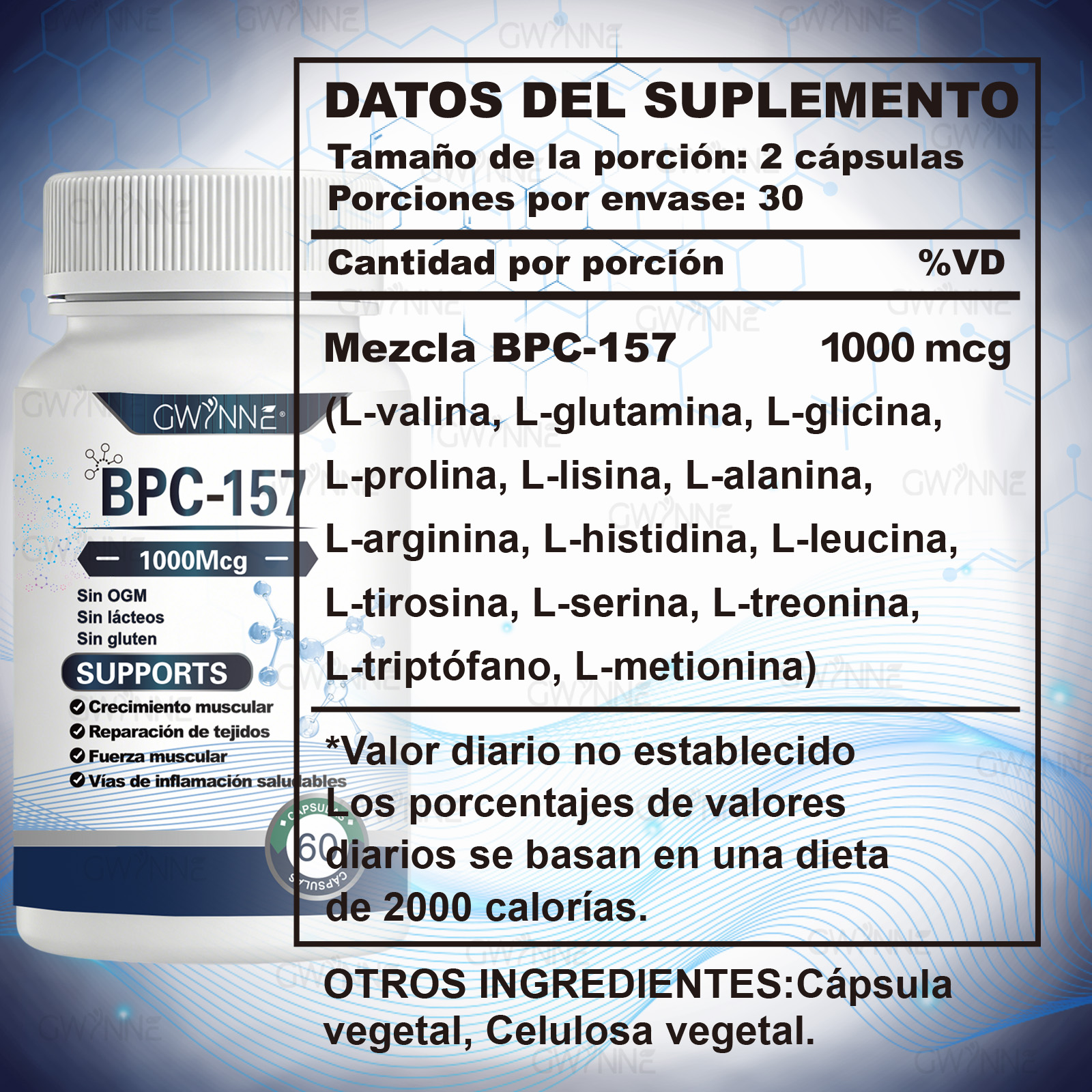 Gwynne Cápsulas De Péptidos Bpc-157 De Alta Potencia Para La Recuperación Muscular Y Del Ejercicio, Recuperación Acelerada Y Curación Intestinal 1000mcg 60 Cápsulas