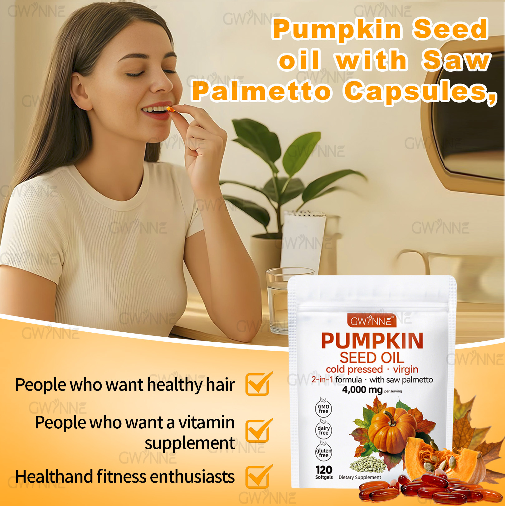 Gwynne 4000mg Cápsulas De Aceite De Semilla De Calabaza,Cold Pressed,Pure Virgin Oil,Apoyar la salud del cabello,el sistema urinario y la próstata,rico En Ácidos Grasos y Phytosterols 120cápsulas