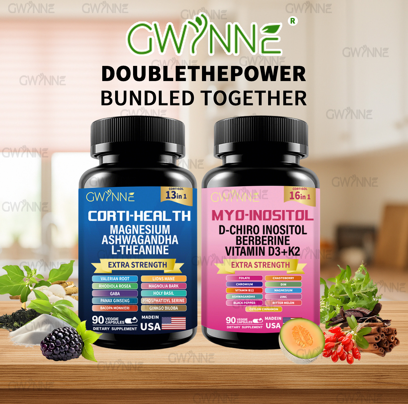 Gwynne Suplemento De Cortisol 90 Cápsulas + Suplemento De Inositol Myo-inositol Y D 90 Cápsulas,con Glicinato De Magnesio,vitamina B12 Y K2