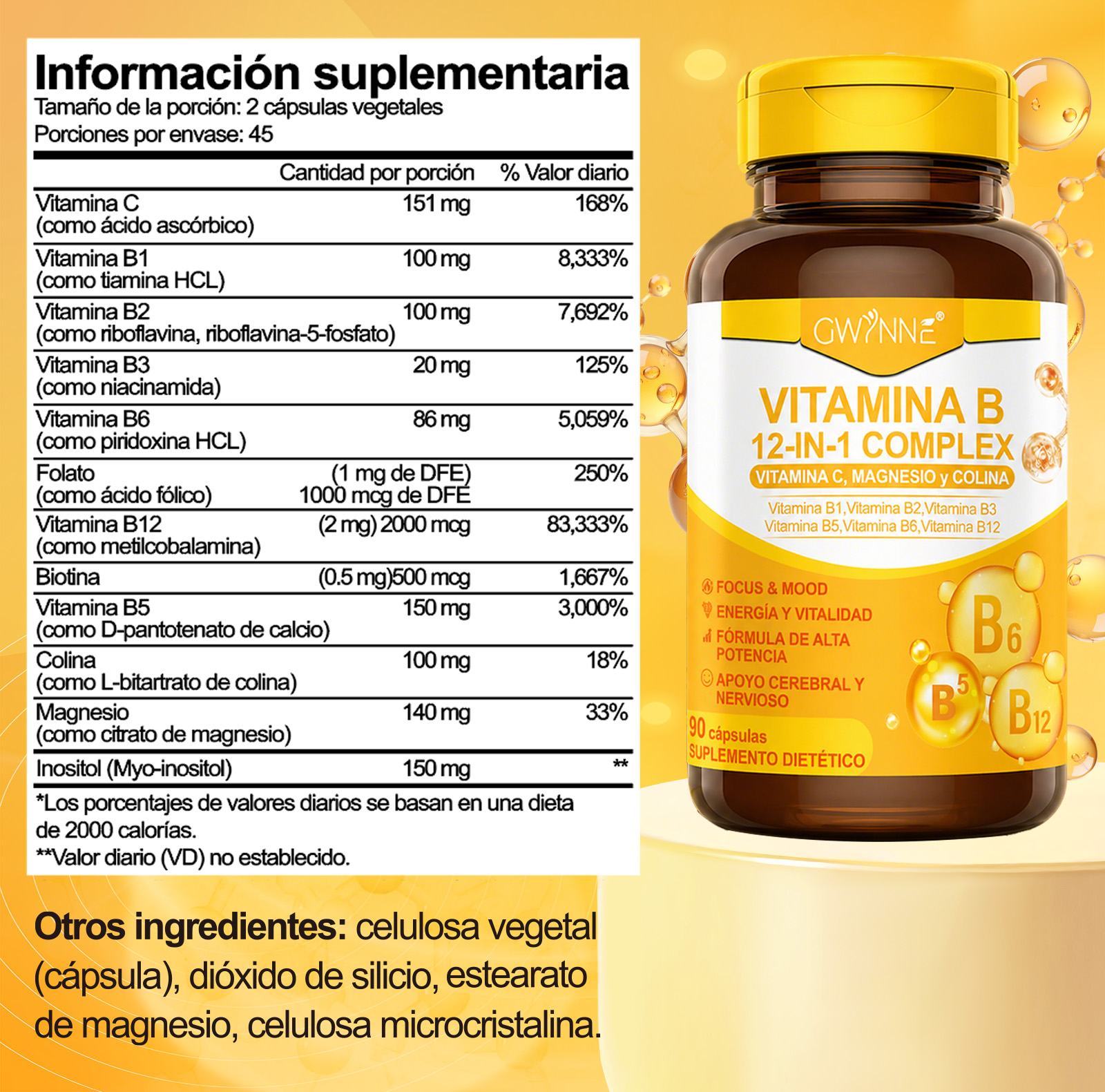 Gwynne Complejo De Vitamina B,receta 12 En 1,con Vitamina C,b2,b12,b1,b3,b5,b6,colina,magnesio Y Inositol, Apoyo Energía,cerebral Y Cardíaco,90 Cápsulas