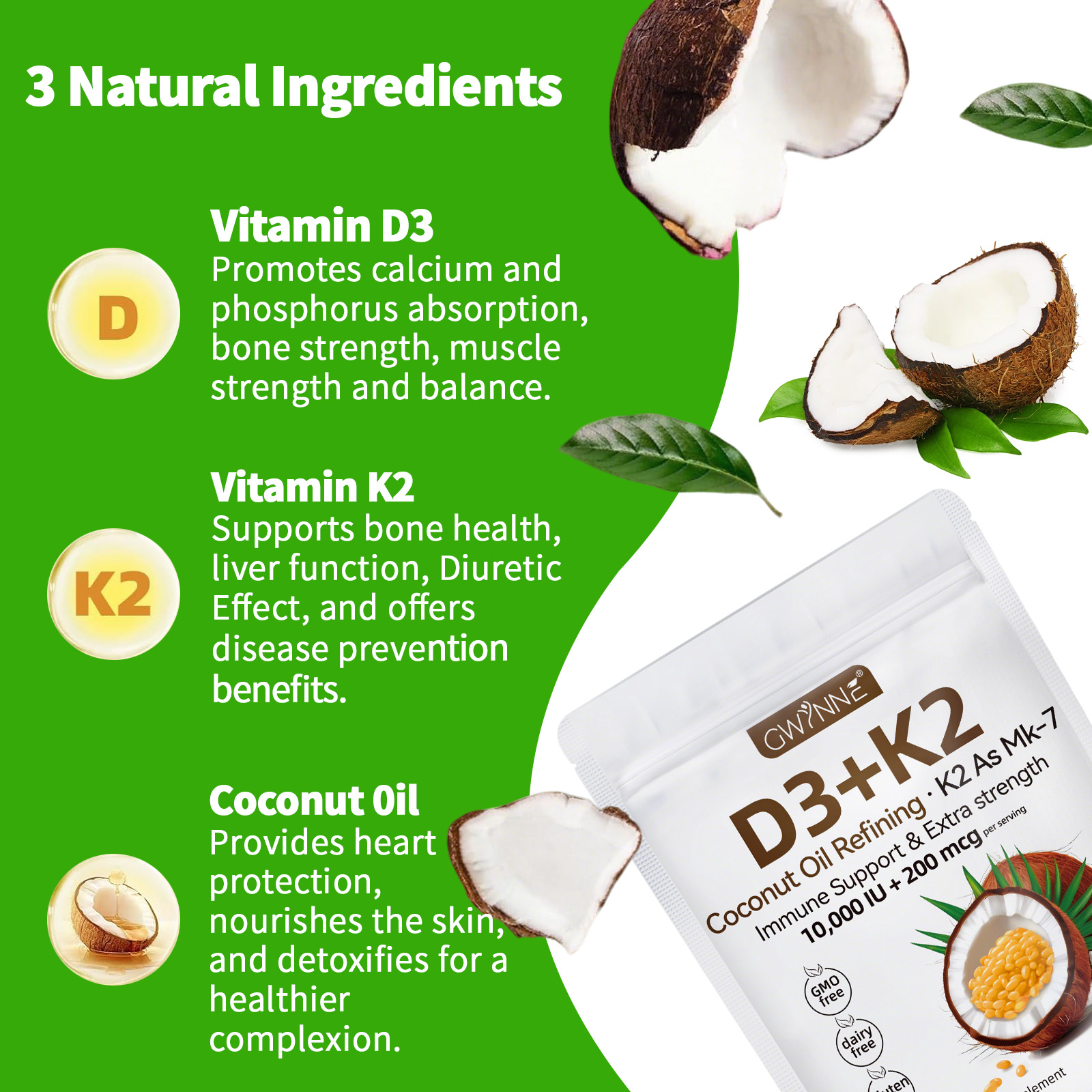 Gwynne Vitamina D3 10.000ui + K2 Mk-7 200mcg,120cápsulas 2 En 1 Aceite De Coco Vírgenapoyo Óseo,inmunológico Y Cardíaco