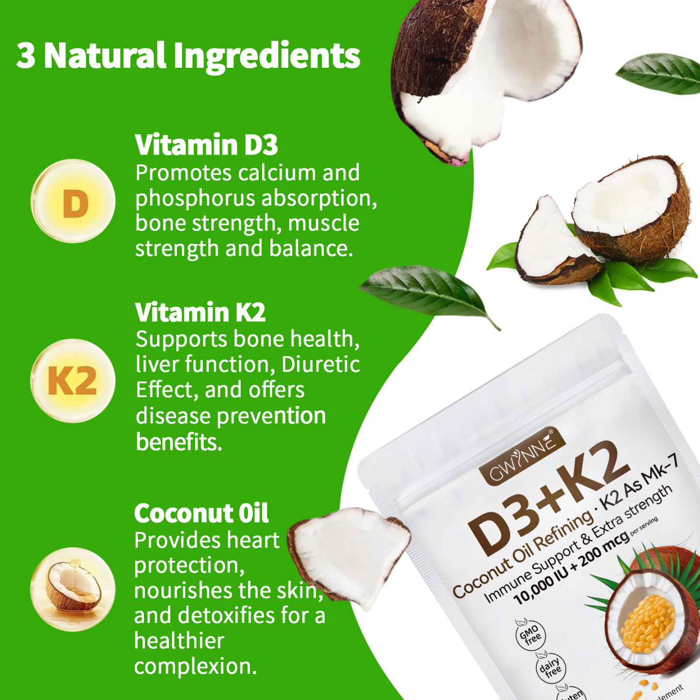 Gwynne Vitamina D3 10.000ui + K2 Mk-7 200mcg,120cápsulas 2 En 1 Aceite De Coco Vírgenapoyo Óseo,inmunológico Y Cardíaco