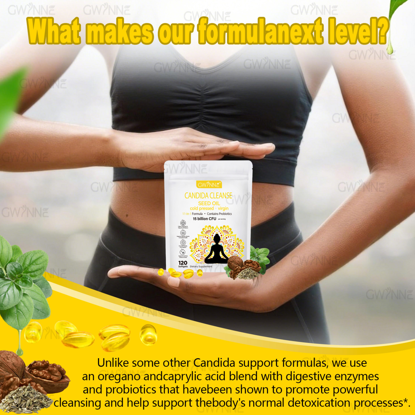 Gwynne Candida Cleanse Seed Oil Cápsulas,hierbas Naturales Para La Desintoxicación Intestinal Con 15 Billion Cfu,120 Cápsulas,11-in-1 Formula Con Hoja De Orégano,ácido Caprílico Y Probiotics