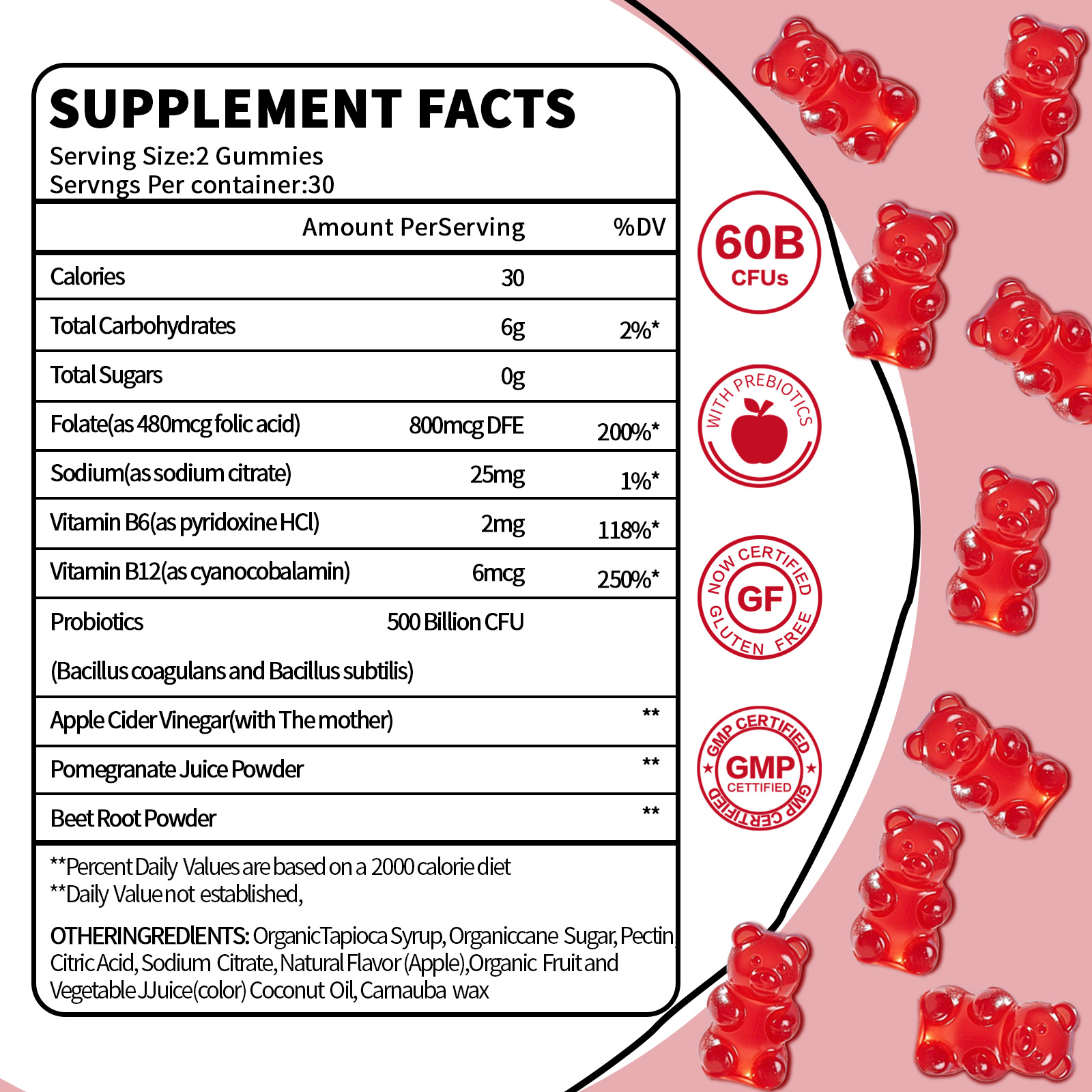 Gominolas Vinagre de manzana,Potencia Máxima 2000mg Contiene Vitaminas B12, B6, Ácido Fólico Y Probióticos Para La Salud Metabólica, Intestinal, Cutánea E Inmunológica,peso 60 gomitas