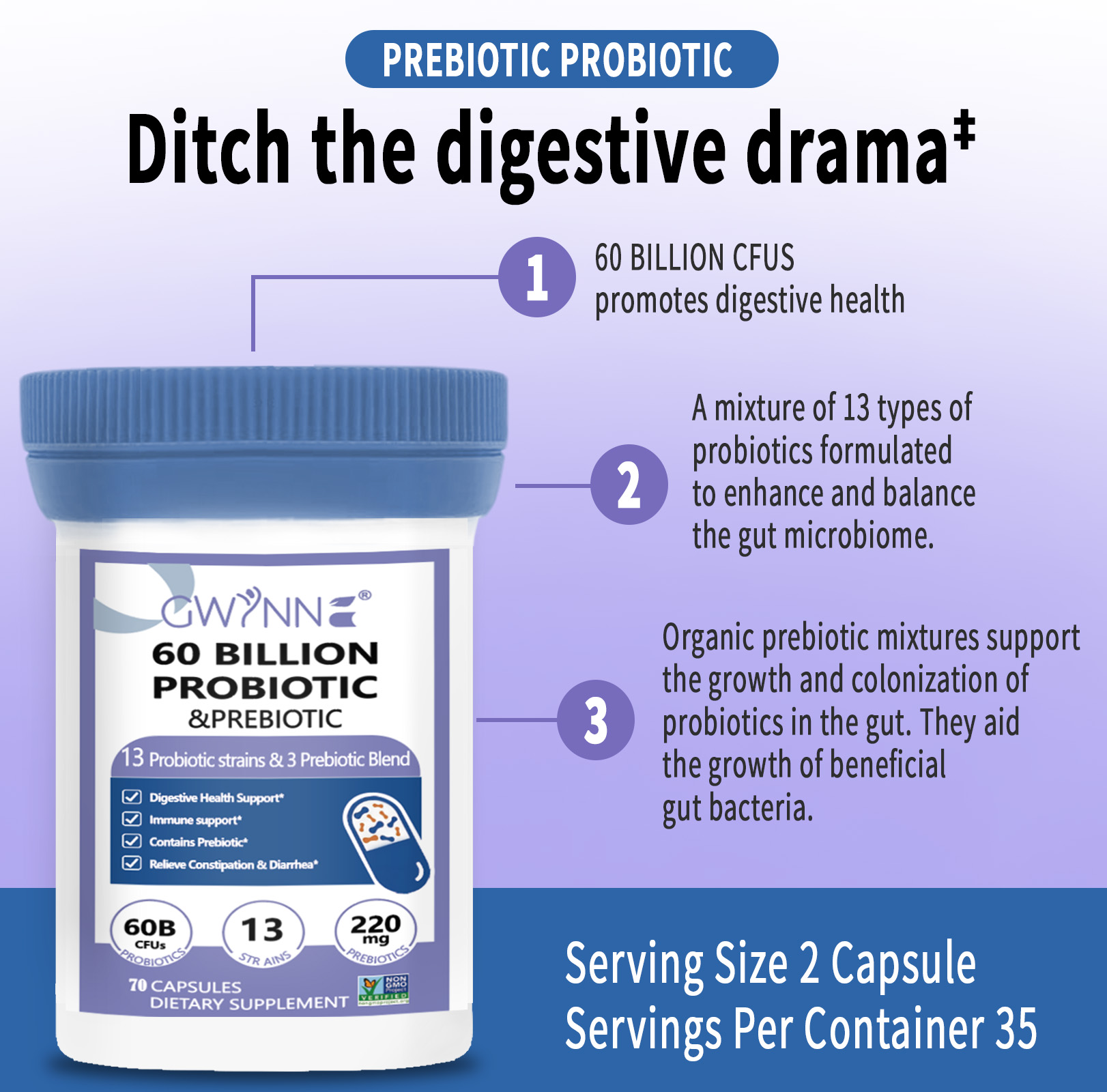 Gwynne vaginal Probióticos 60 Billion De Ucf 70 Cápsula,13Strains + 3Prebióticos Mezcla,salud Inmune,digestiva E Intestinal-Apoya El Estreñimiento,la Diarrea,apoyo Inmunológico Para Mujeres Y Hombres
