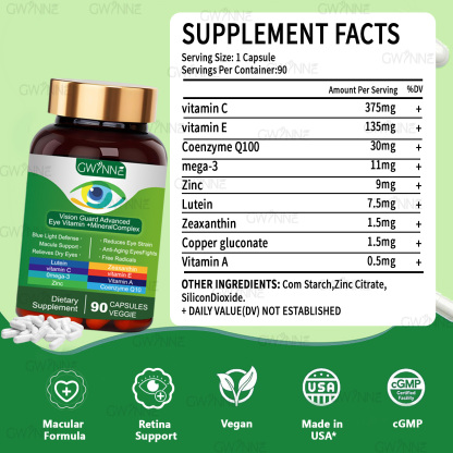 Gwynne Lutein Eye Vitamin Supplement 90 Cápsulas Suplemento Nutricional Para La Salud Macular Y El Ojo Seco Con Luteína, Zinc, Vitamina C/e Y Zeaxantina